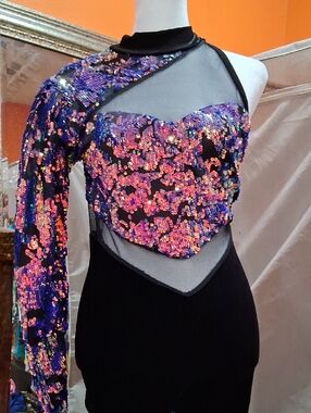Wish One-Shoulder Black Jumpsuit with Iridescent Purple and Pink Sequins